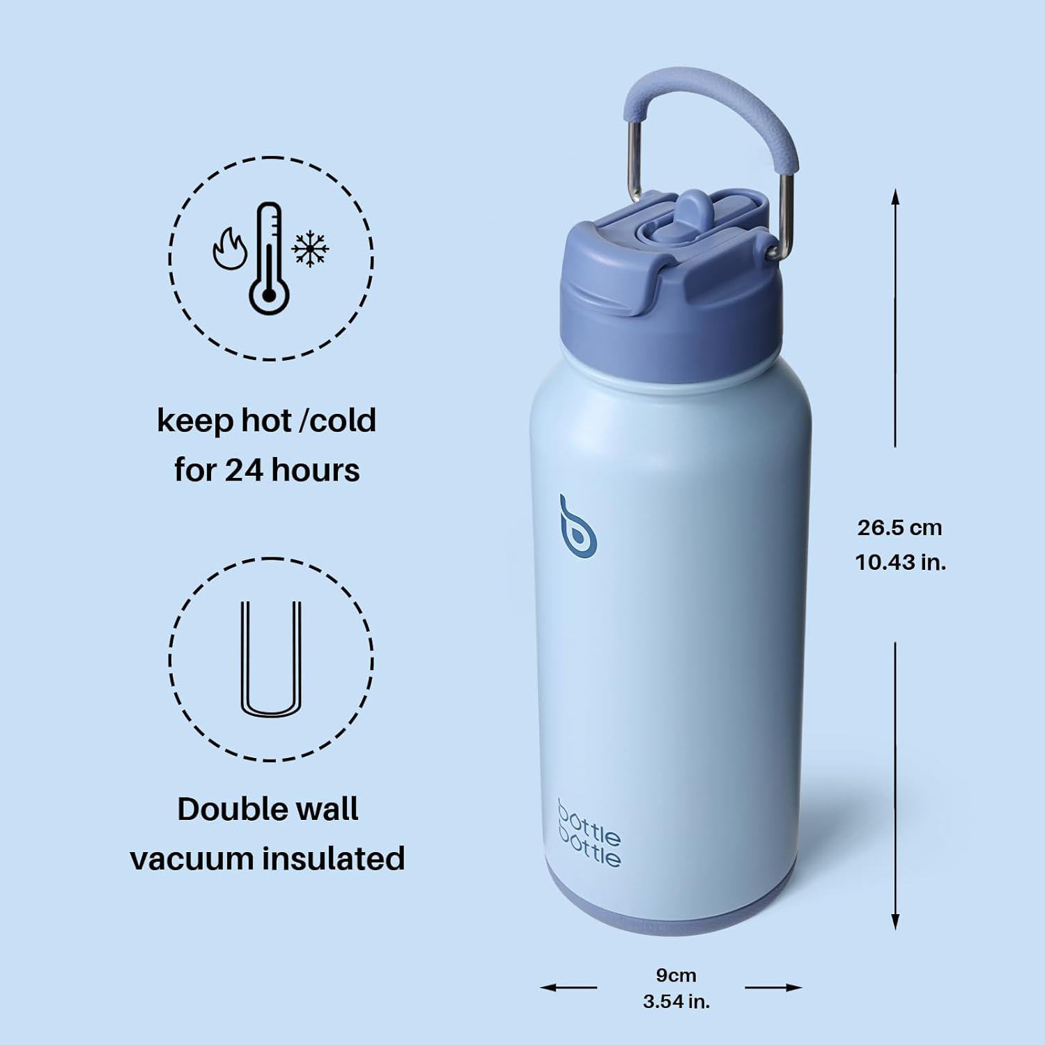 HYDOVEX BOTTLE 850ml (30oz) Insulated Water Bottle with Straw Blue – Thermos for Hot Beverages and Pill Holder